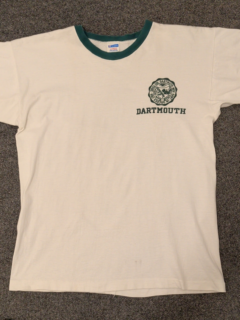 Vintage Dartmouth Crest Ringer Tee White w Green Trim Champion 100% Cotton